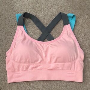 Pink Seamless Sports Bra with Gray and Turqoise Straps